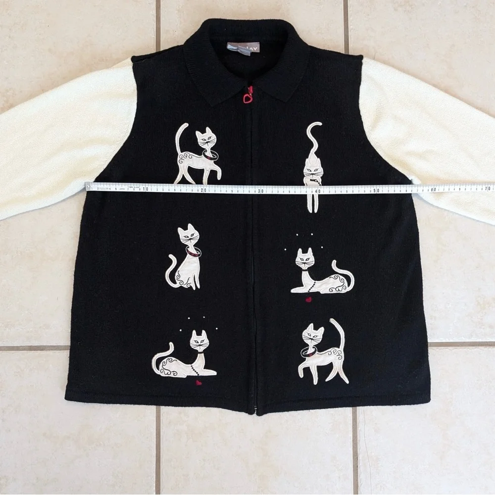 90s Vintage Tanjay Cat Grandma Sweater Size XL Heart Shaped Zipper Black & White - Picture 6 of 16
